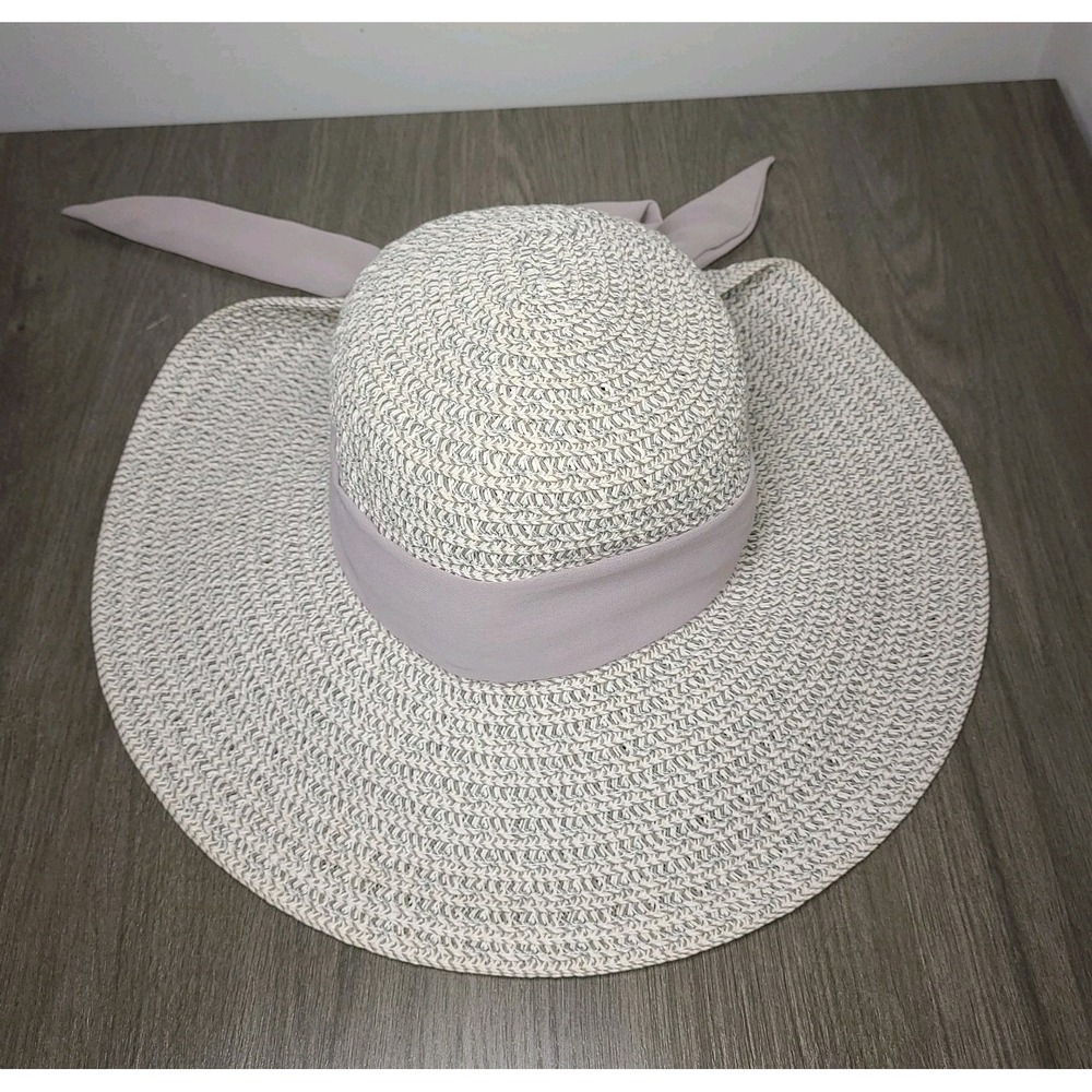 Nine West Womens Wide Brim Floppy Sun Hat One Size Gray Bow Summer Cottagecore